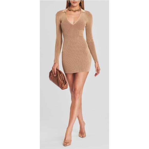 SER.O.YA Camel Beige Ribbed Knit V-Neck Long Sleeve Stretch Mini Dress Seroya XL - Picture 1 of 10